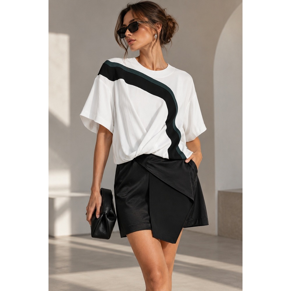 Kenzo Mini Dress Womens 38 White Black Graphic Stripe Draped Wrap Skirt